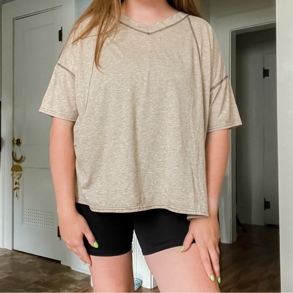 Oversized Cream Tan Heather Top with Rainbow Speckled Spots Entro Boutique Small